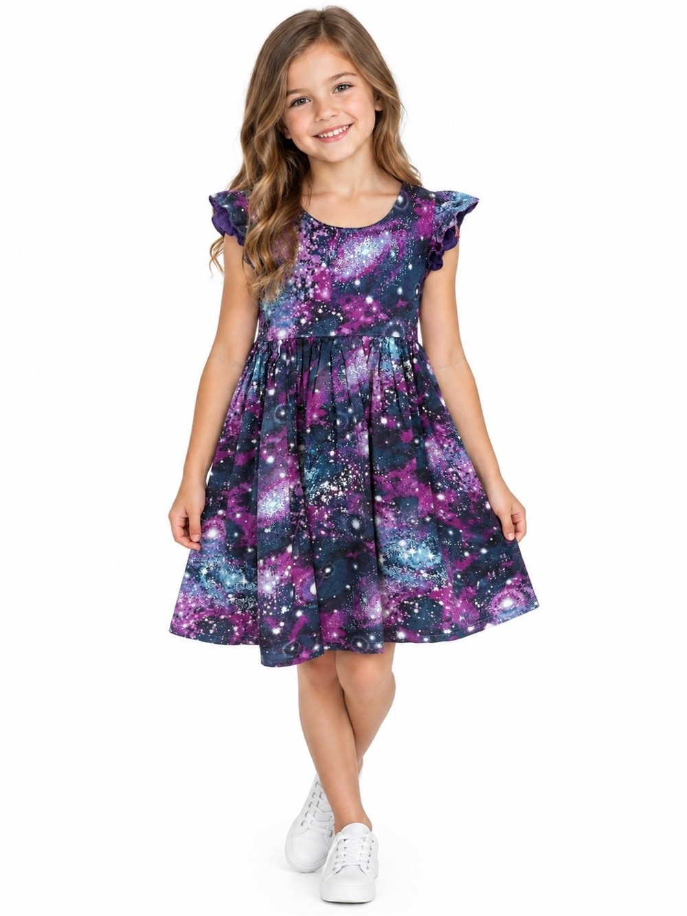 Girls Purple Galaxy-Print Flutter Sleeve Casual Dress
